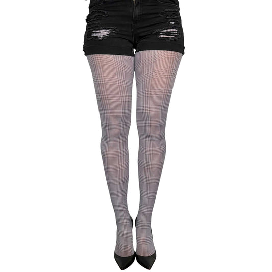 Women’s gray check patterned tights by Malka Chic with a classic tailored-inspired print.