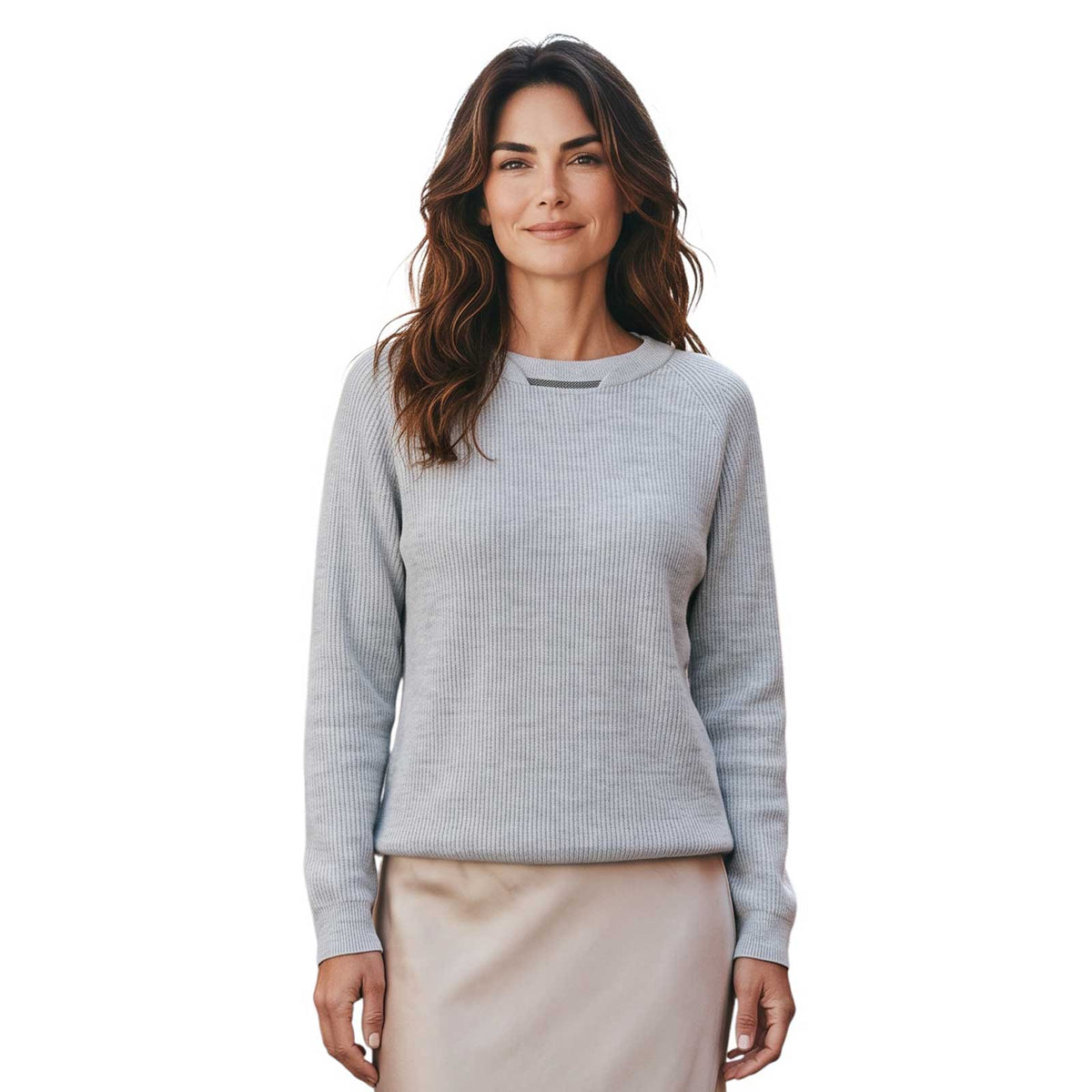 Women’s gray knitted sweater with jeweled intertwined neckline detail by Rocco Ragni, sold at Aqualta.