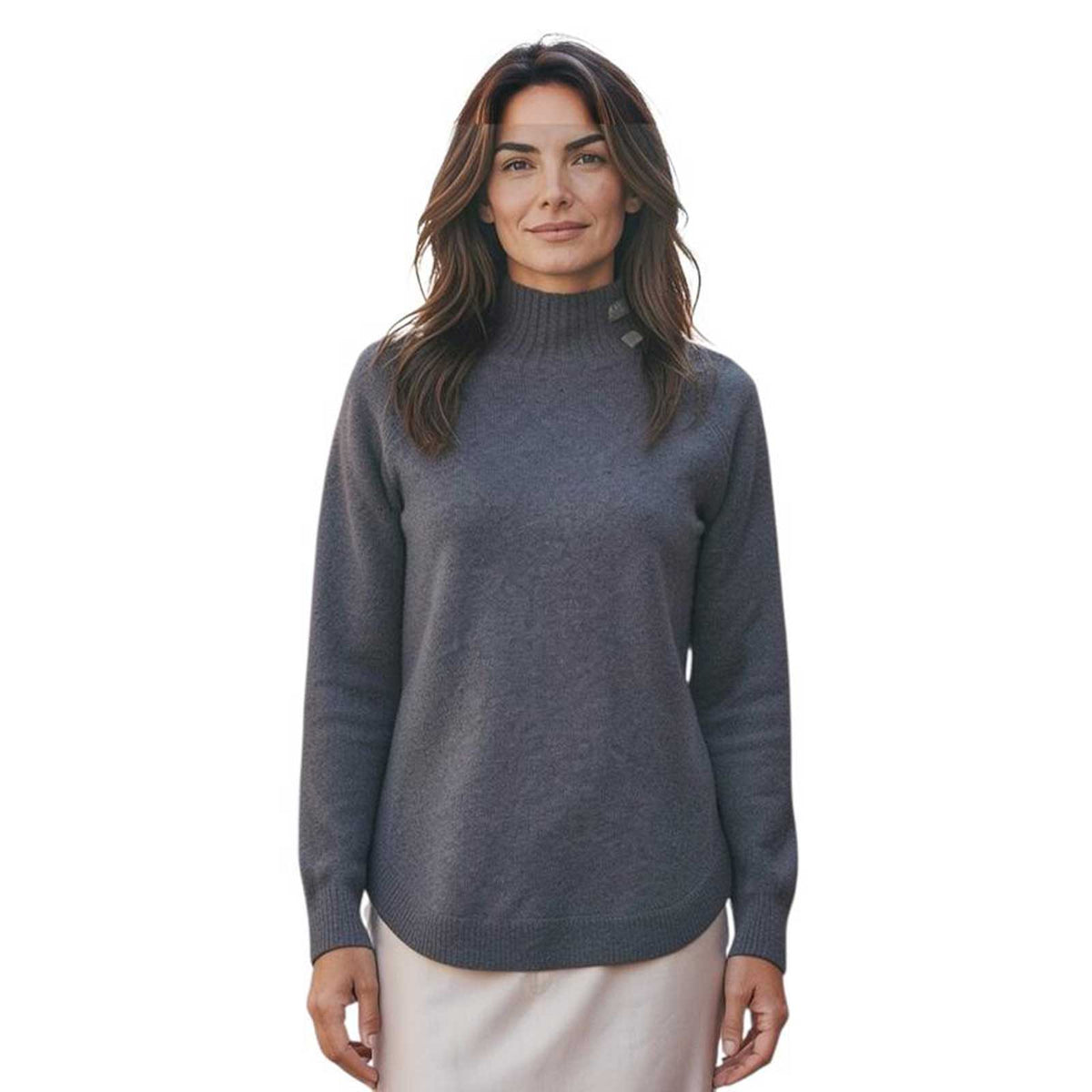 Women’s gray mock neck knitted sweater with curved hem by Rocco Ragni, sold at Aqualta.