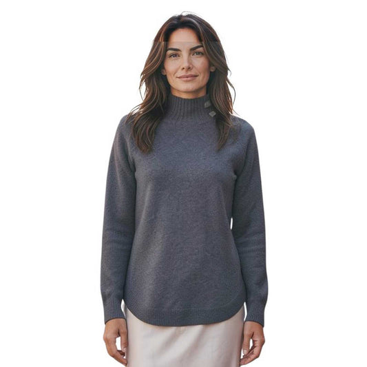 Women’s gray mock neck knitted sweater with curved hem by Rocco Ragni, sold at Aqualta.