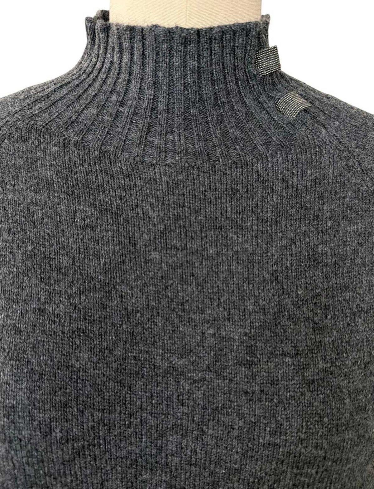 Rocco Ragni gray knit sweater with mock neck and curved hem, available at Aqualta.