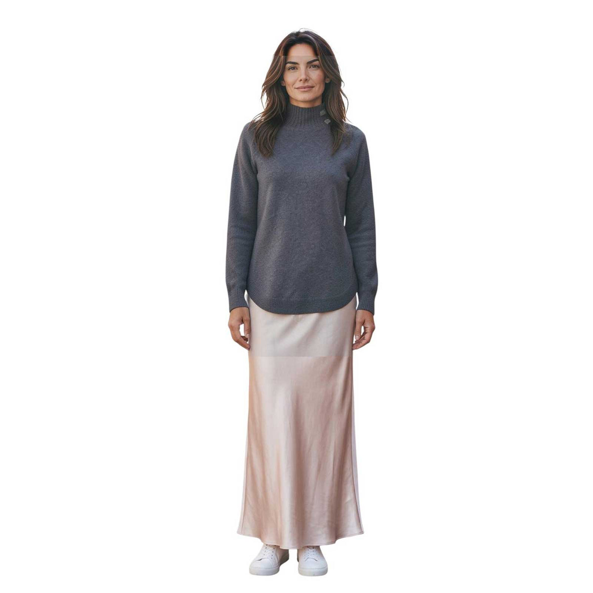 Women’s long-sleeve gray mock neck sweater with soft knit texture by Rocco Ragni at Aqualta.