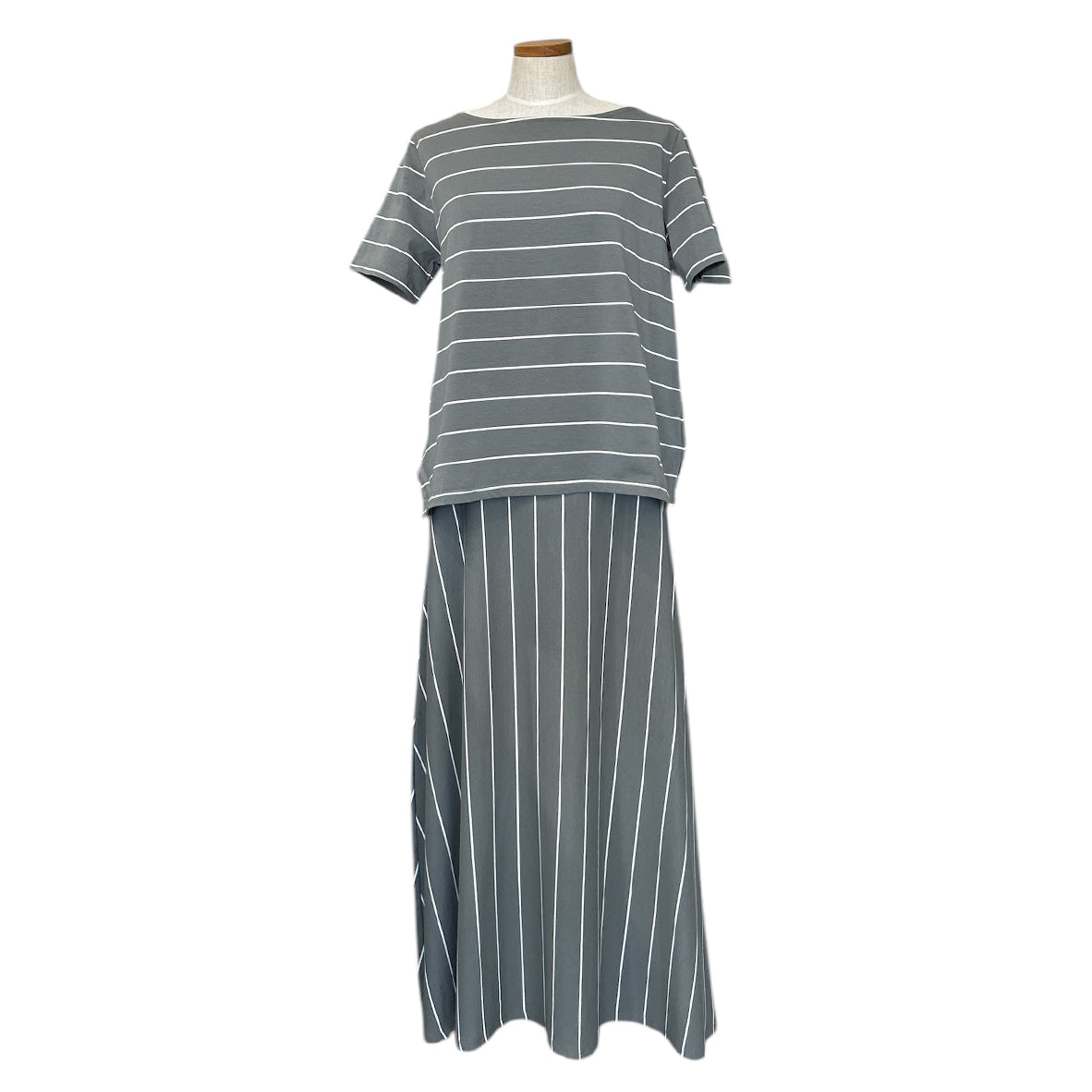 Long Cotton Asymmetric Skirt Stripes Grey White 3