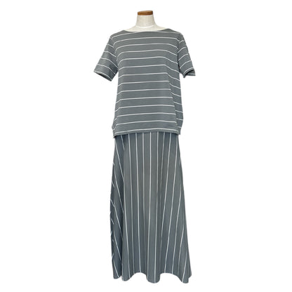 Long Cotton Asymmetric Skirt Stripes Grey White 3