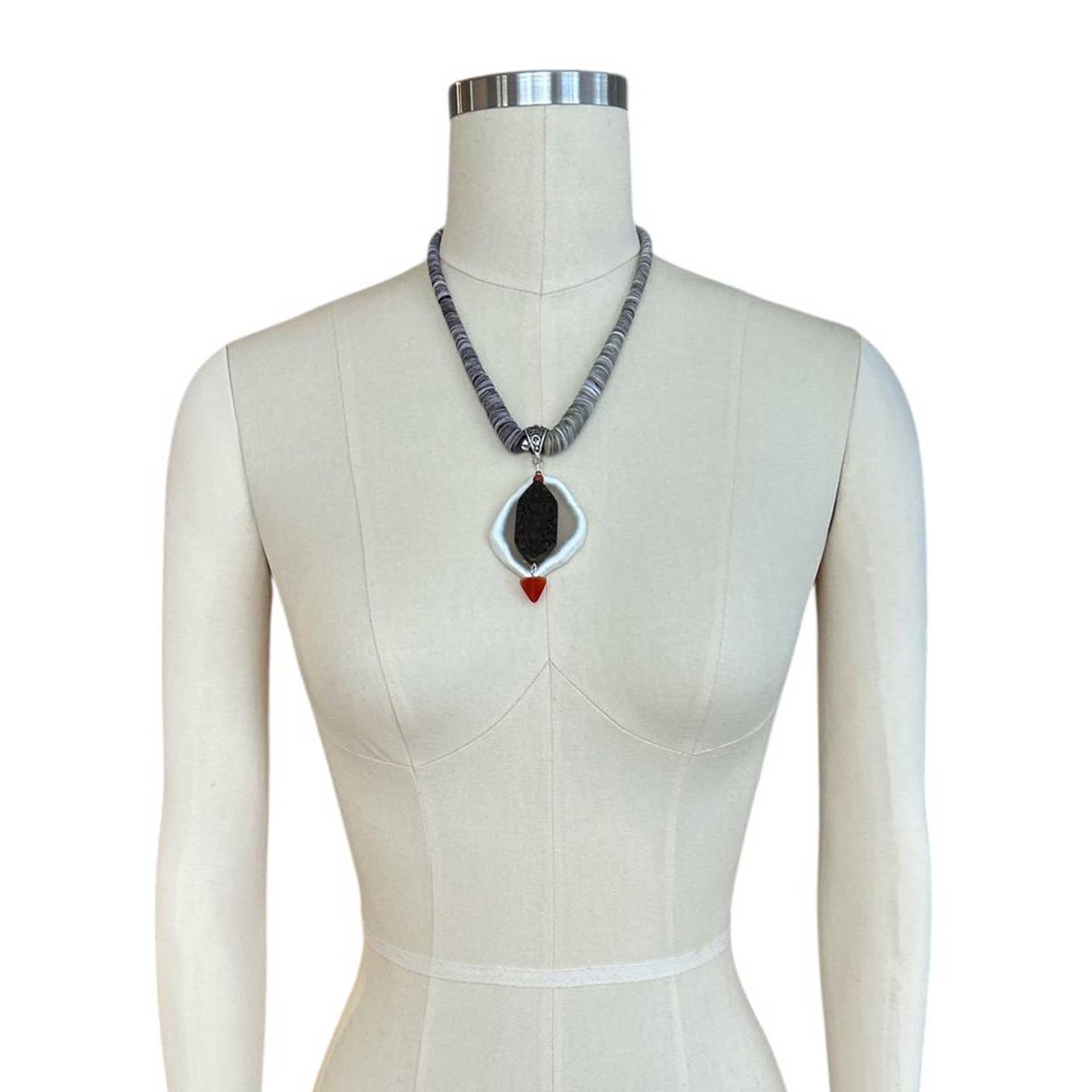 Grey Shell White Agate and Wood pendant Necklace Peggy Goodman Sold at Aqualta 2