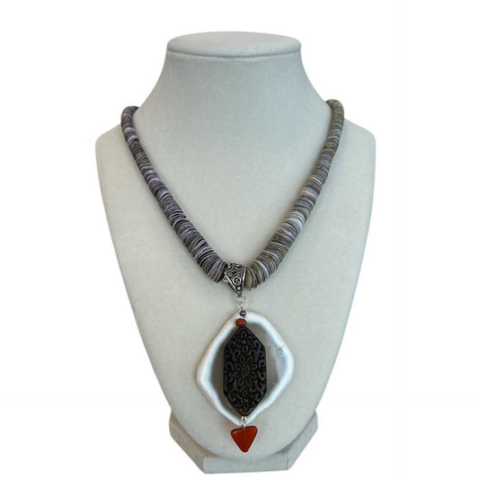 Grey Shell White Agate and Wood pendant Necklace Peggy Goodman Sold at Aqualta