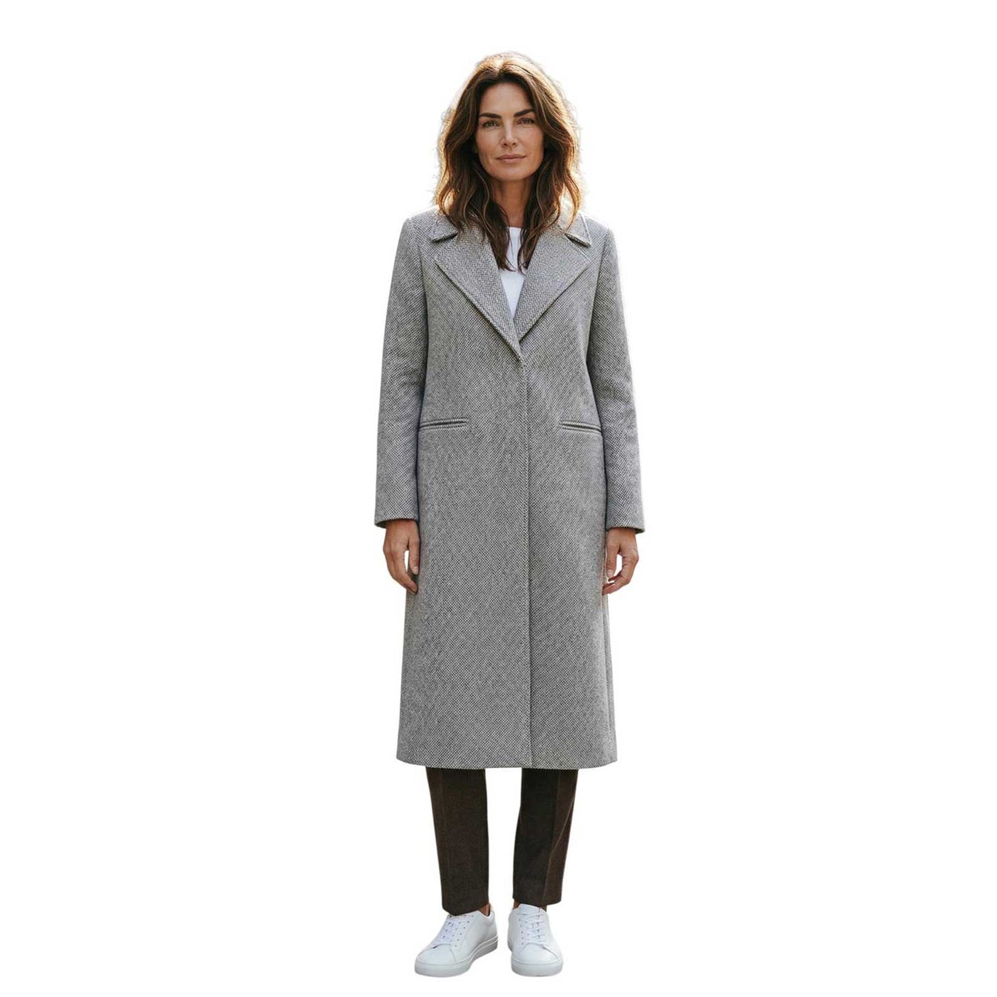 Woman wearing a Herringbone Cream Long Coat Goodmatch sold at Aqualta