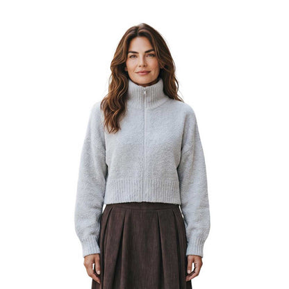 Women’s oatmeal high neck zipped mohair sweater by Sand, sold at Aqualta, with ribbed detailing and a cozy modern fit.