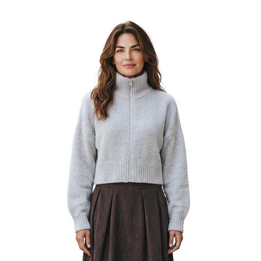 Women’s oatmeal high neck zipped mohair sweater by Sand, sold at Aqualta, with ribbed detailing and a cozy modern fit.