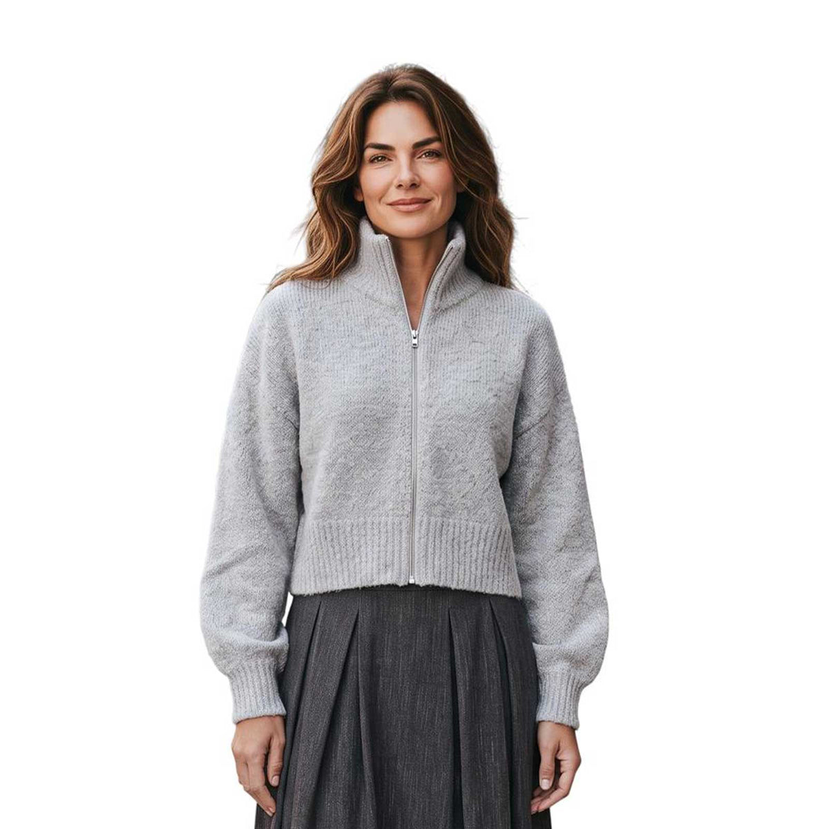 High neck zipped mohair sweater in oatmeal by Sand, sold at Aqualta, featuring a soft knit texture and relaxed silhouette.