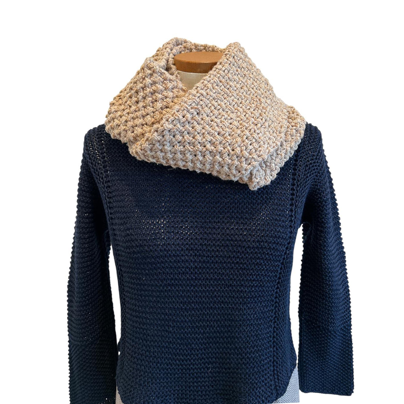 Infinity scarf Balloon knit Solid colors on a navy kintted sweater for women sold at Aqualta