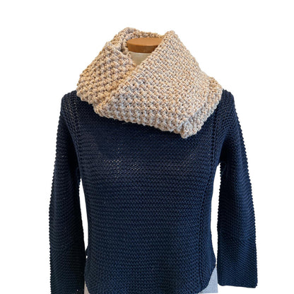 Infinity scarf Balloon knit Solid colors on a navy kintted sweater for women sold at Aqualta