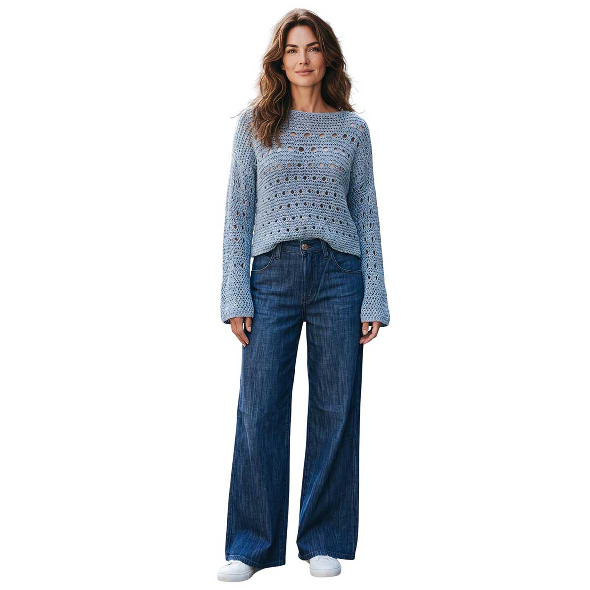 Woman wearinf a Japan Blue Glitter Shaft Jean sold at Aqualta 3