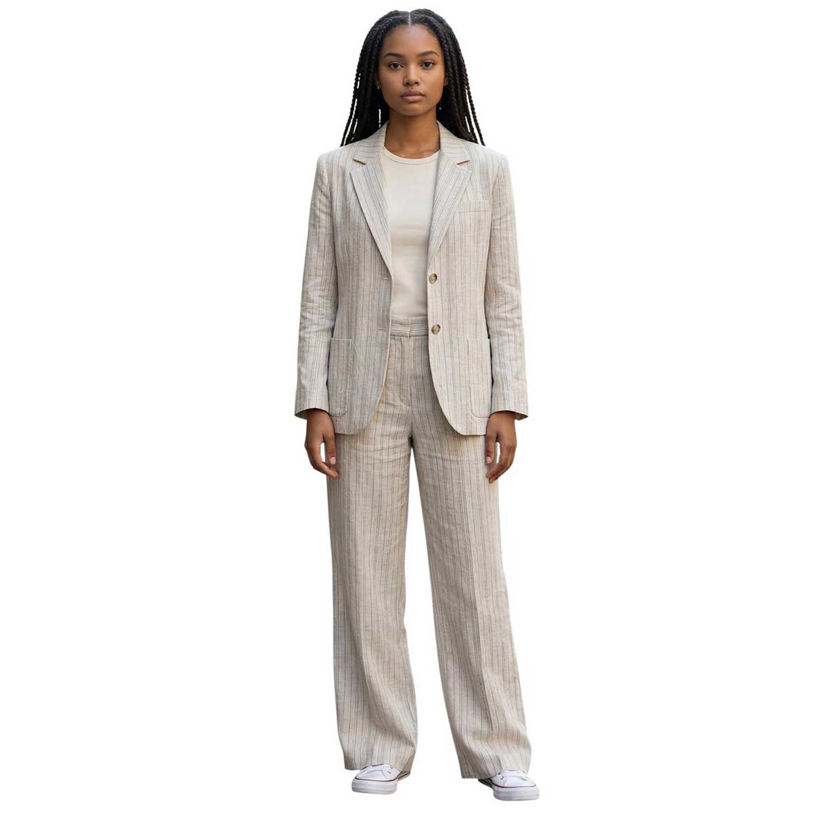 Woman wearing a Jersey Jacket Classic Single Breasted Pinstripe Goodmatch sold at Aqualta 2