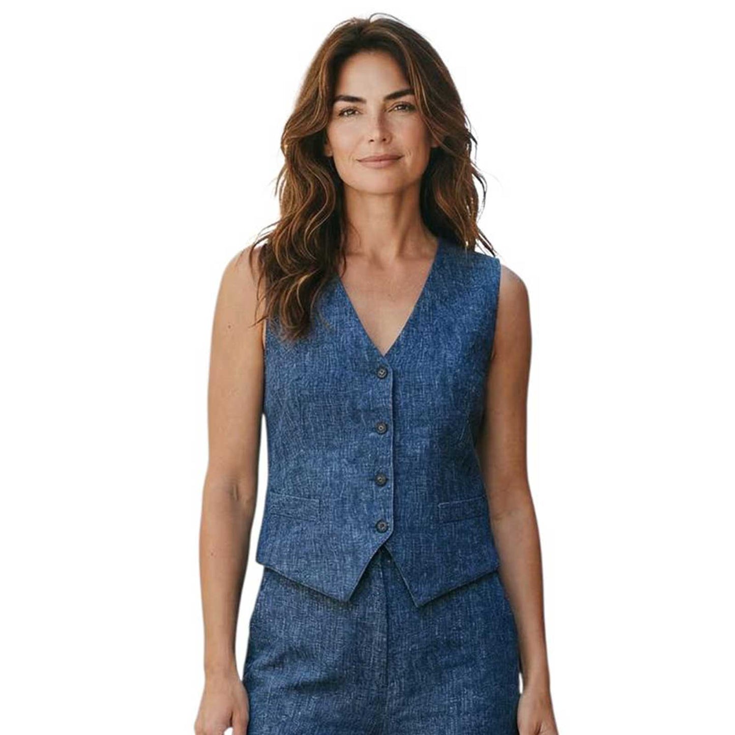 Front picture of our Jersey Vest Blue Oxford Goodmatch sold at Aqualta
