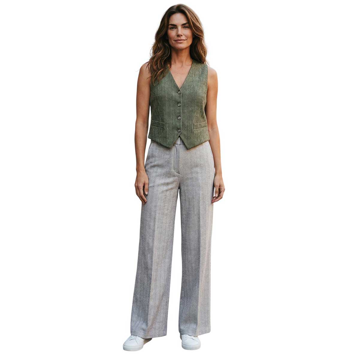 Woman wearing a green jersey vest Goodmatch sold at Aqualta 2