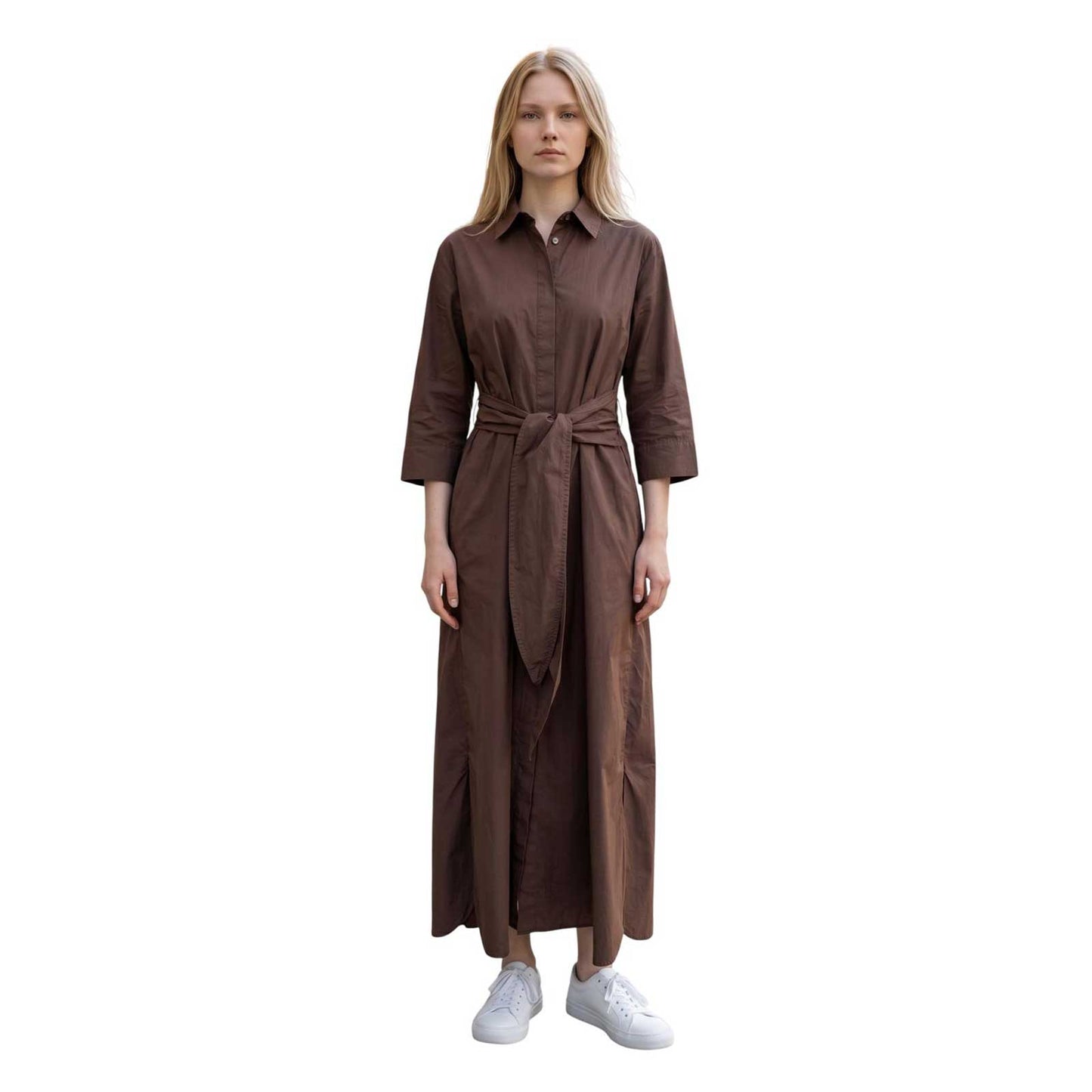 Woman wearing a Kimono Dress Brown Caliban sold ta Aqualta