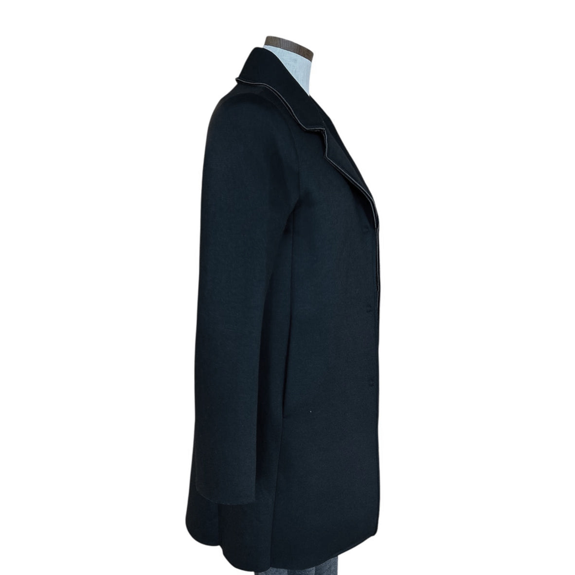 Side of our Knee length Black Coat Goodlmatch on a women sold at Aqualta