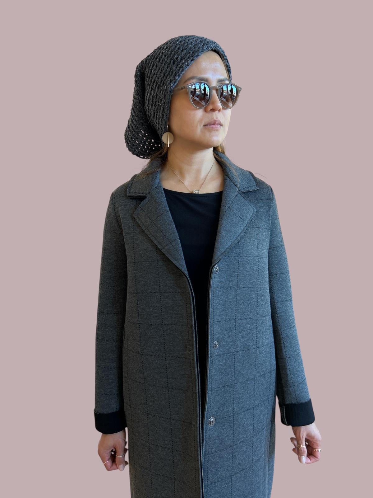 Women wearing Knee length Tartan Grey Coat Goodmatch on a mannequin sold at Aqualta 3