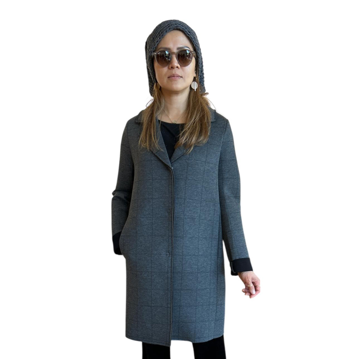 Women wearing Knee length Tartan Grey Coat Goodmatch on a mannequin sold at Aqualta  2