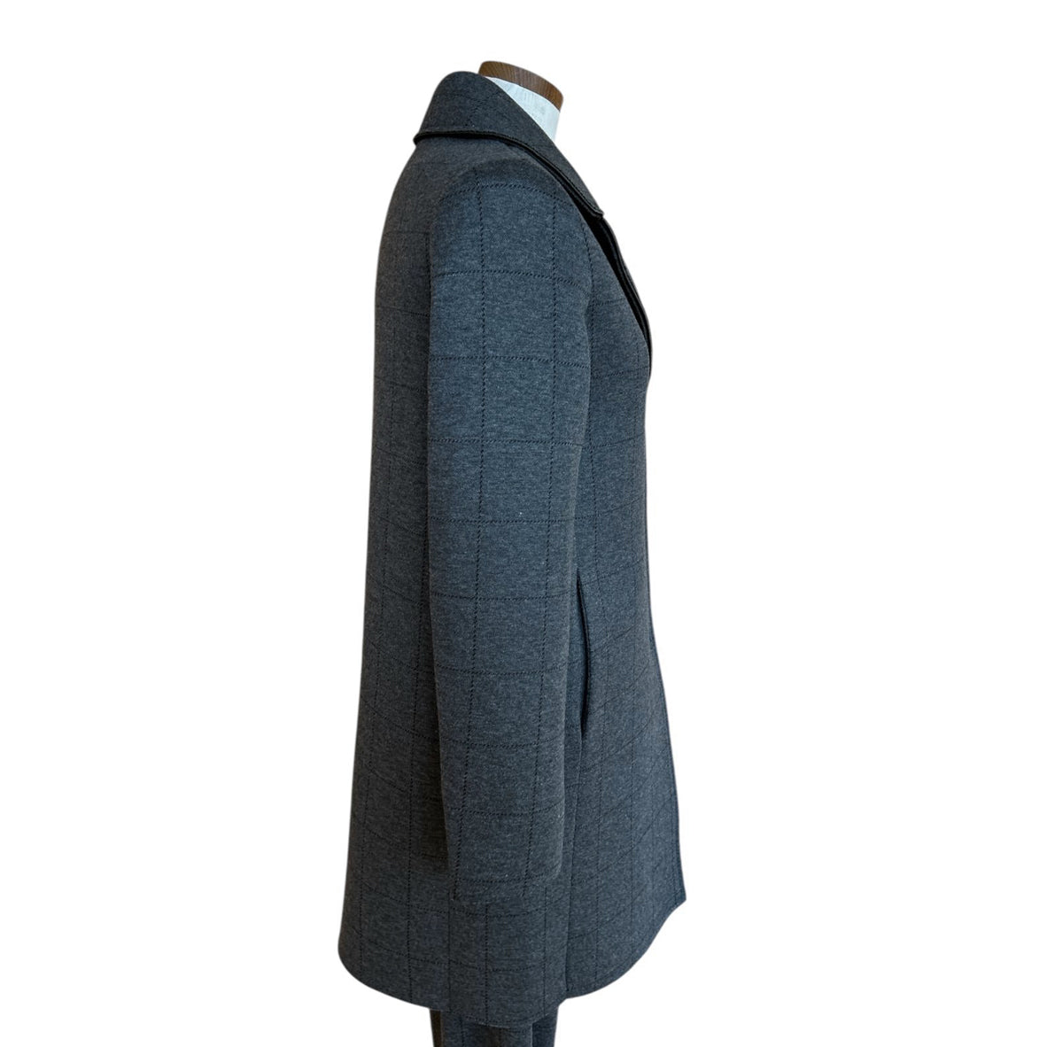 Side of Knee length Tartan Grey Coat Goodmatch on a mannequin sold at Aqualta 
