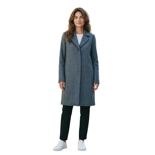 Woman wearing a Knee length Tartan Grey Coat Goodmatch on a mannequin sold at Aqualta 