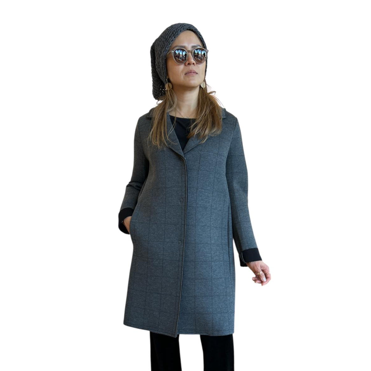 Women wearing Knee length Tartan Grey Coat Goodmatch on a mannequin sold at Aqualta 