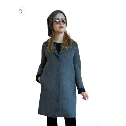 Women wearing our Knee length Tartan Grey Coat Goodmatch on a mannequin sold at Aqualta  2