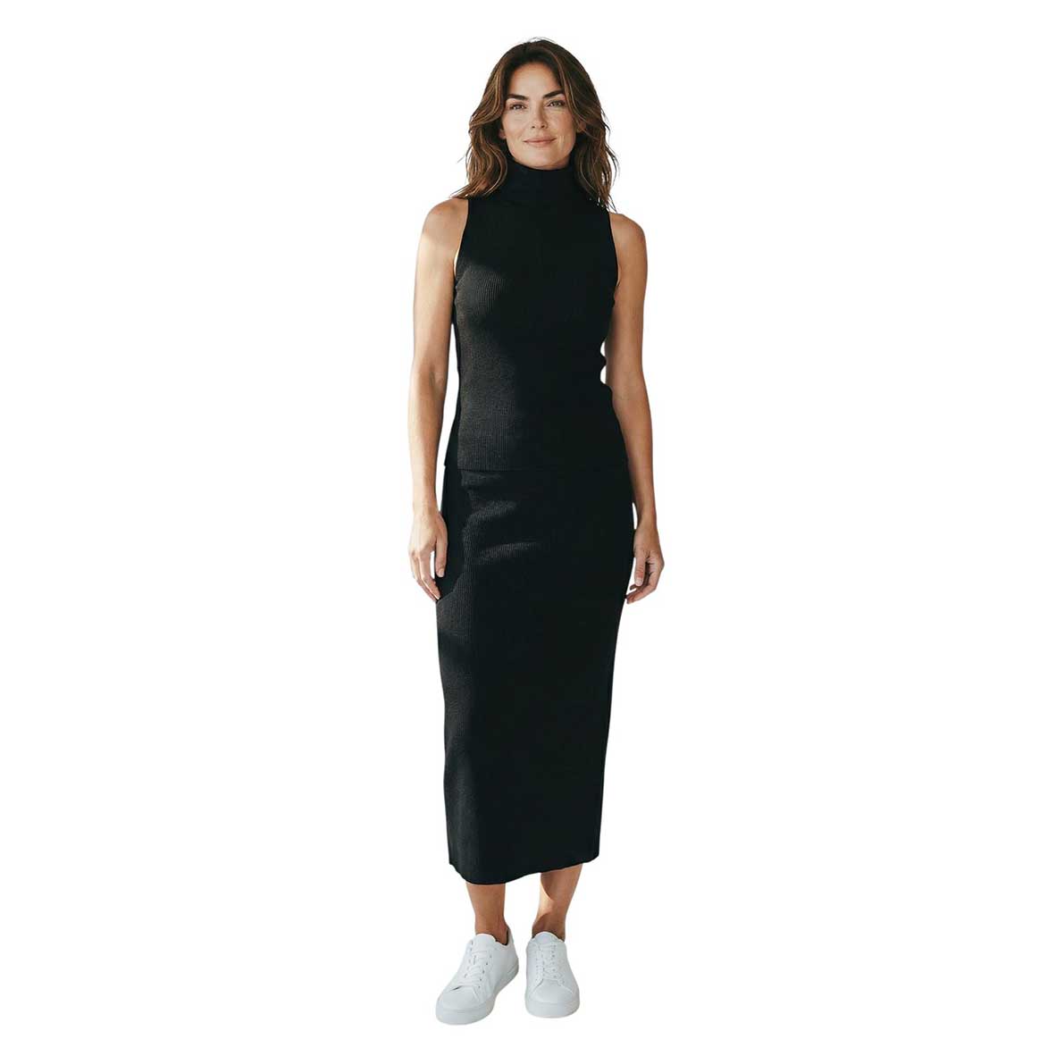 Knitted Longline Maxi Skirt & Mock Neck Set Black Sand sold at Aqualta 5