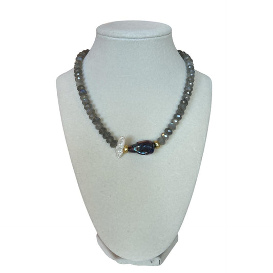 Exclusive Peggy Goodman necklace with natural labradorite gemstones and a striking grey pearl, elegant handmade jewelry at Aqualta