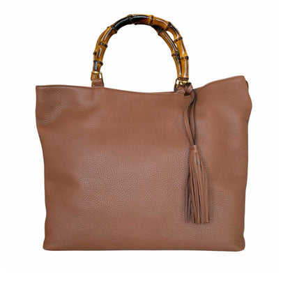 Large leather tote bamboo handles Cognac Biagini sold at Aqualta