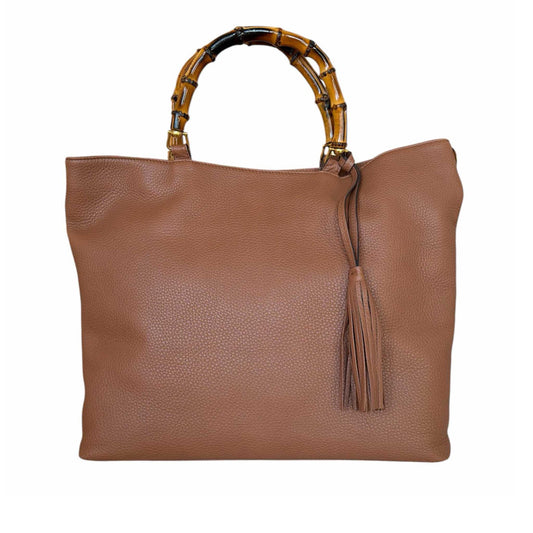 Large leather tote bamboo handles Cognac Biagini sold at Aqualta