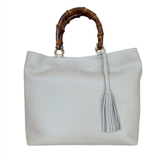 Large leather tote bamboo handles Cream Biagini sold at Aqualta