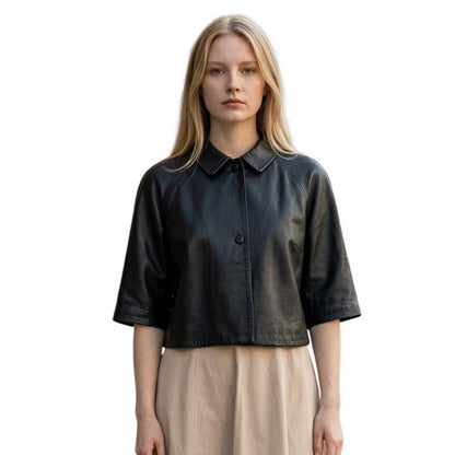 Woman wearing a Leather Jacket Lido Black Suprema Sold at Aqualta