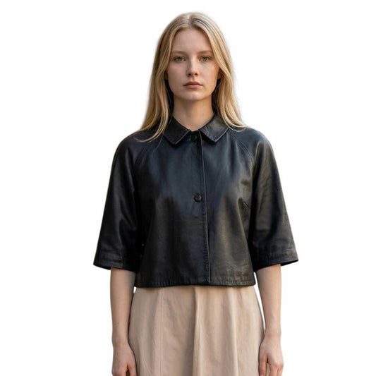 Woman wearing a Leather Jacket Lido Black Suprema Sold at Aqualta