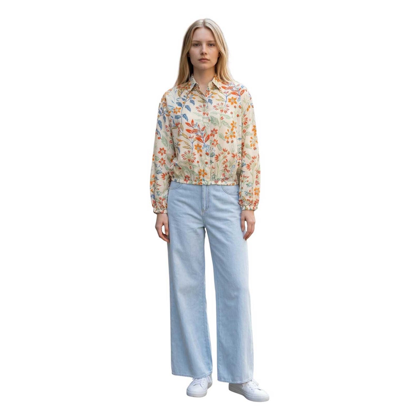 Woman wearing a Light Shirt Collar Floral print Caliban sold at Aqualta 2