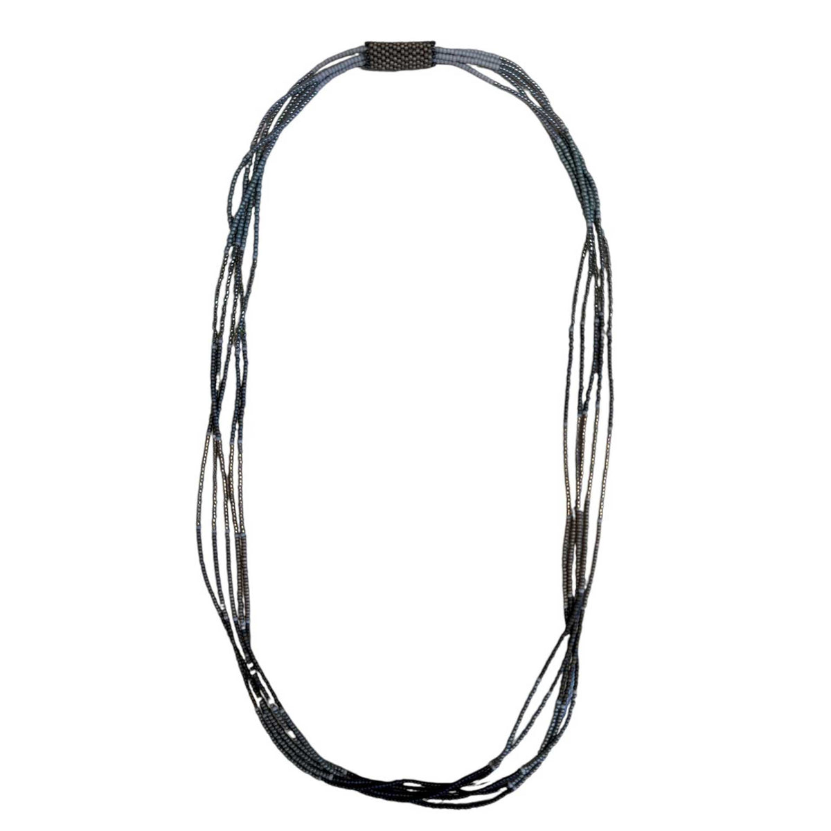 Peggy Goodman long multi-strand beaded necklace featuring delicate blue-gray and metallic beads, available at Aqualta.