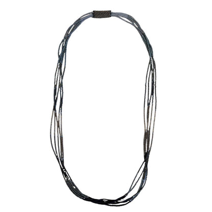 Peggy Goodman long multi-strand beaded necklace featuring delicate blue-gray and metallic beads, available at Aqualta.