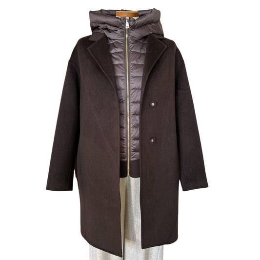 Front picture of our Long Brown Coat with down Feather insert Suprema sold at Aqualta