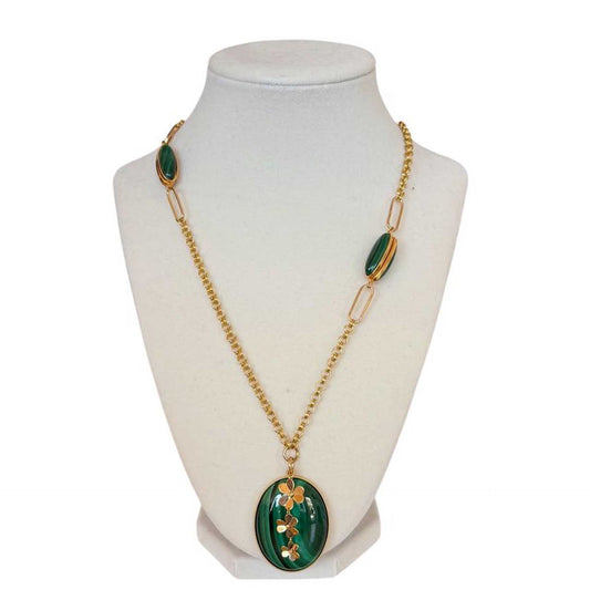 Long Gold Plated Chain Necklace with Oval Malachite Pars sold at Aqualta