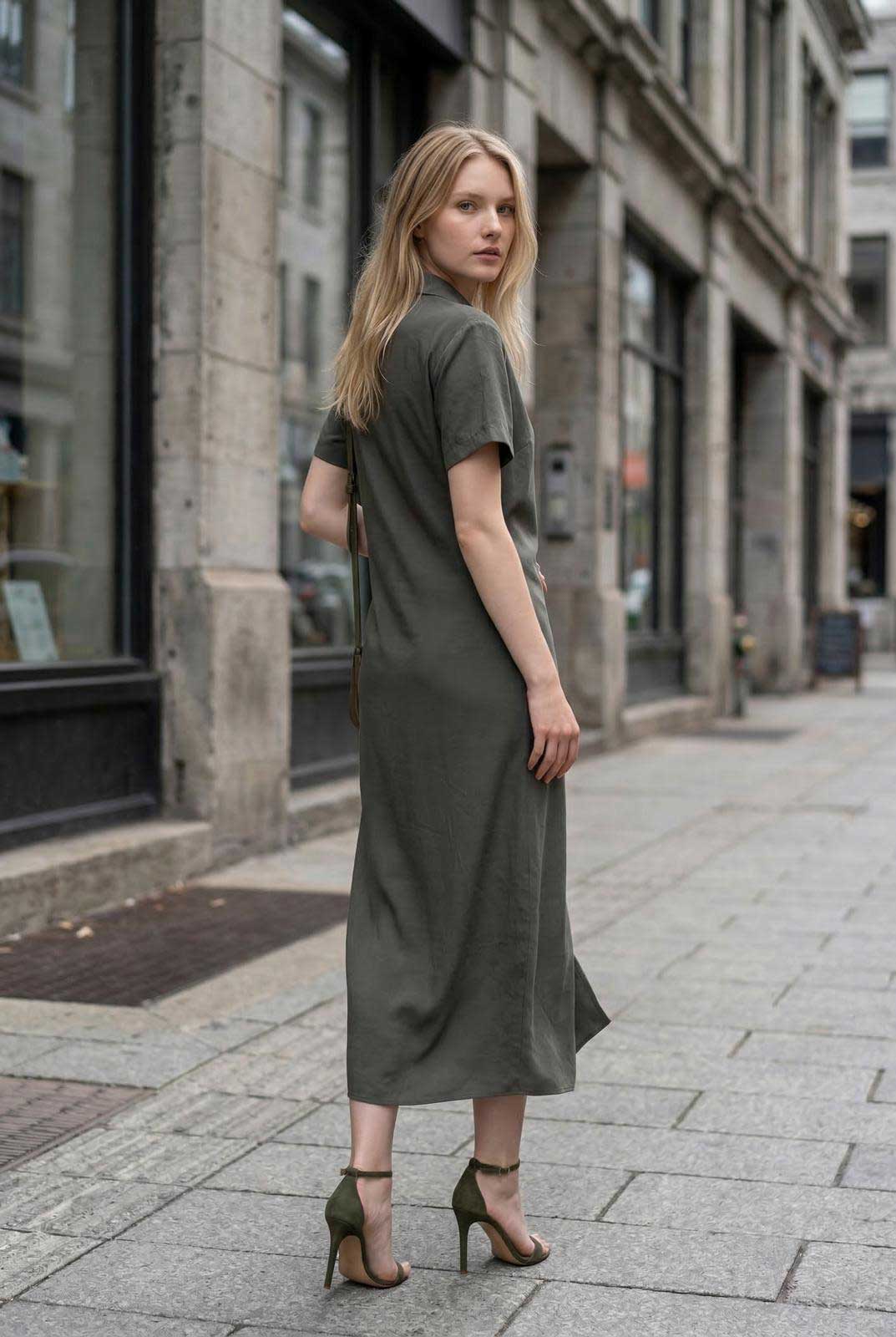 Back picture of our Long Green Wrap dress Caliban sold at Aqualta 5