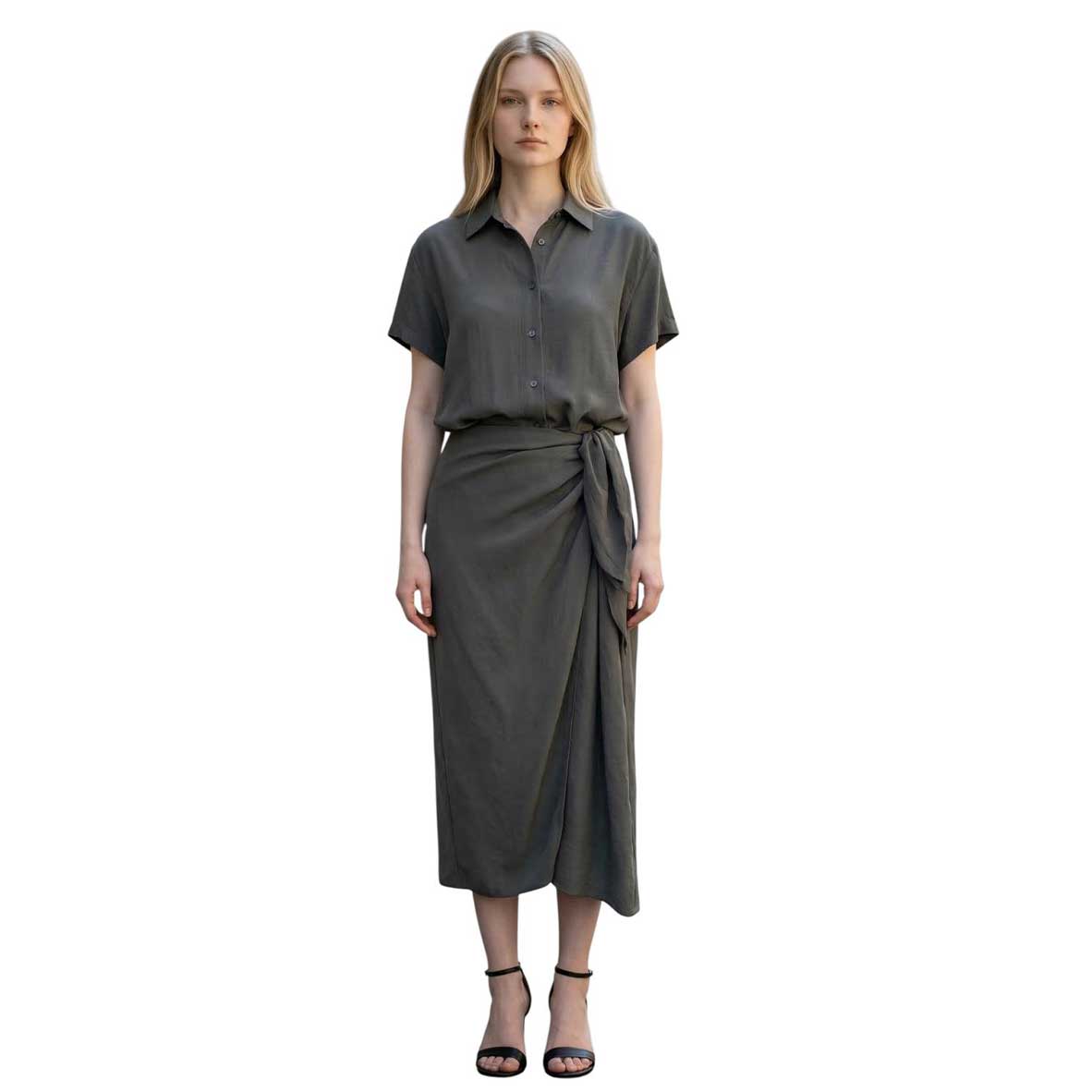 Back picture of our Long Green Wrap dress Caliban sold at Aqualta 6
