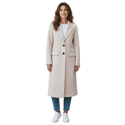 Long off-white coat for women by Goodmatch with notched collar and two-button front, sold at Aqualta.