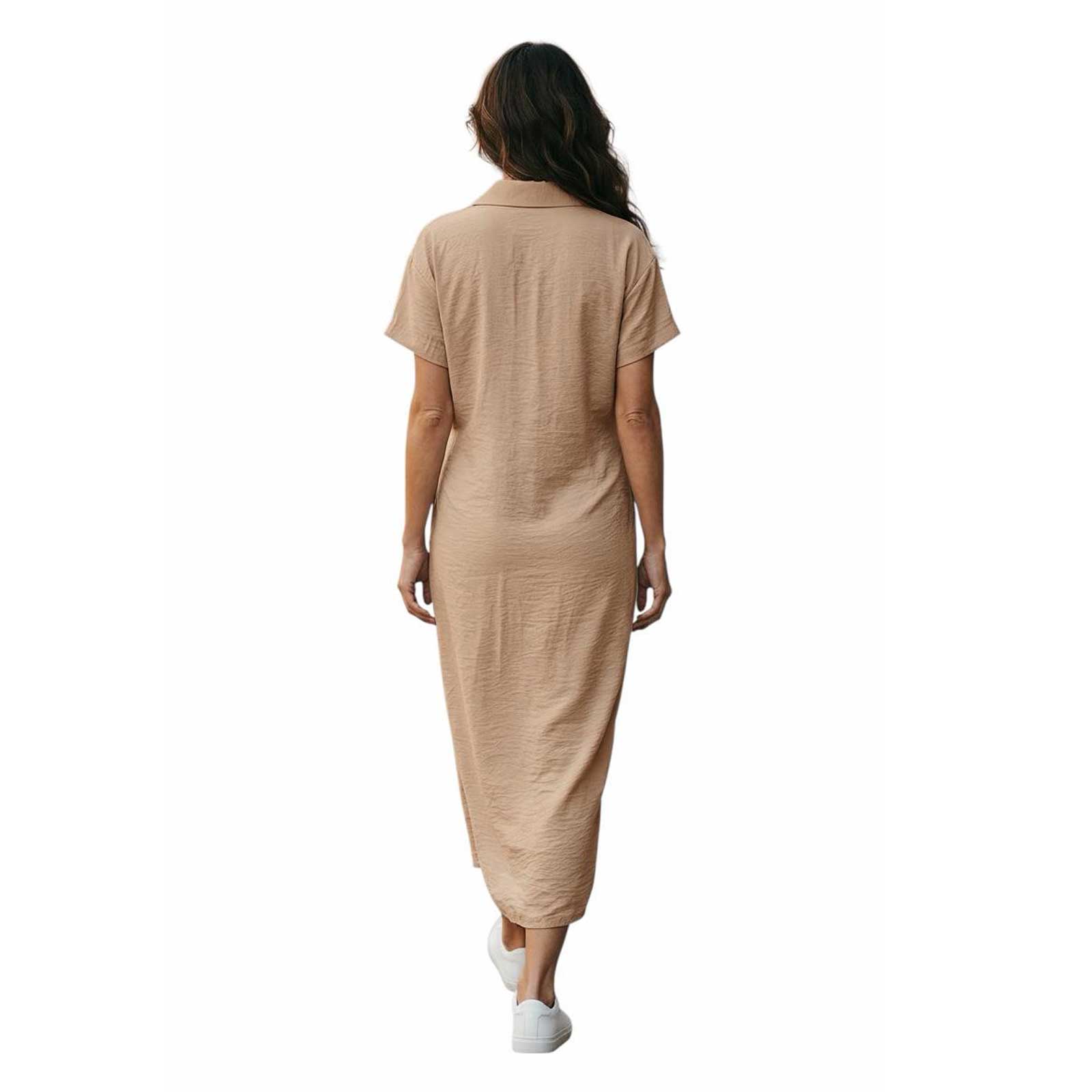 Woman wearing a Long Sand Wrap dress Caliban sold at Aqualta