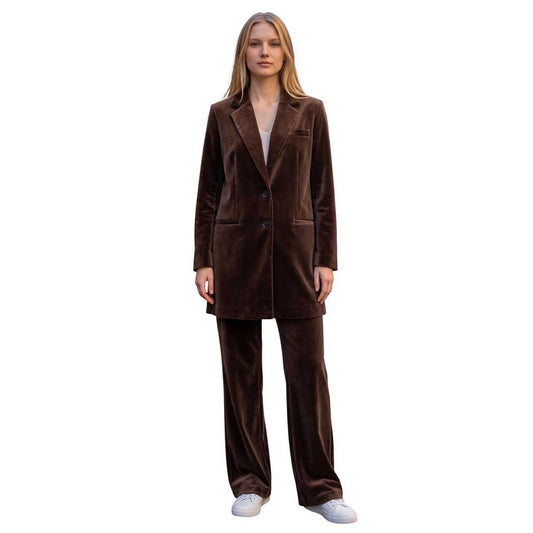 Brown midi velvet coat for women with notch collar, two-button front, and long sleeves, sold at Aqualta.