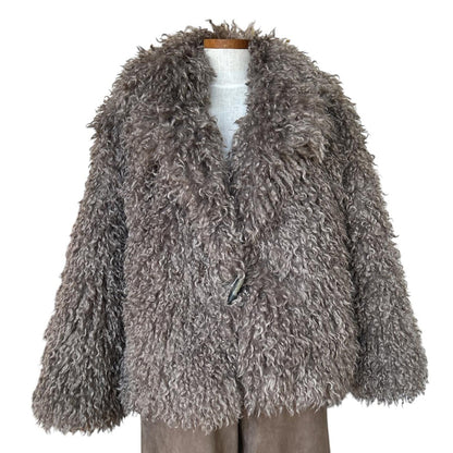 Front Picture of our Mongolian Lamb short Jacket Sand Sold At Aqualta