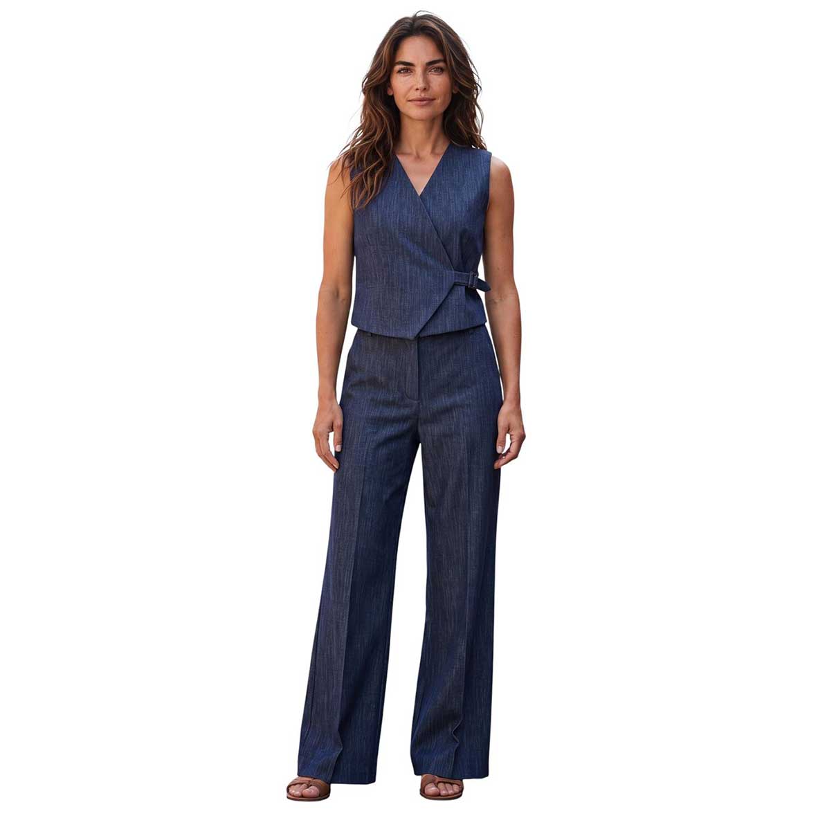 Back view of Goodmatch navy denim-style vest featuring a clean, sleeveless silhouette, styled with matching navy trousers.