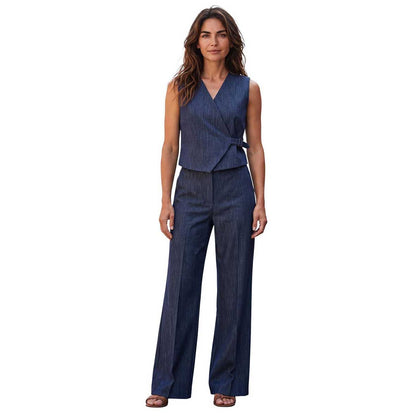 Back view of Goodmatch navy denim-style vest featuring a clean, sleeveless silhouette, styled with matching navy trousers.
