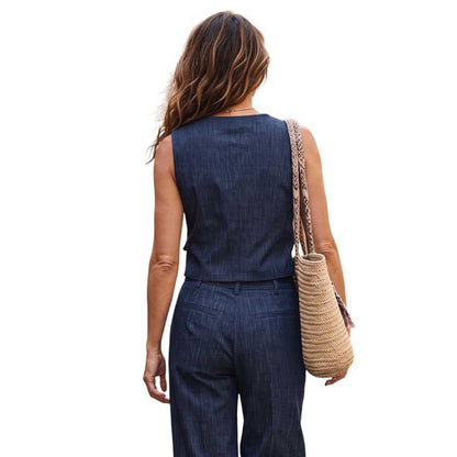 Front view of model wearing Goodmatch navy denim-look tailored vest with matching wide-leg trousers.