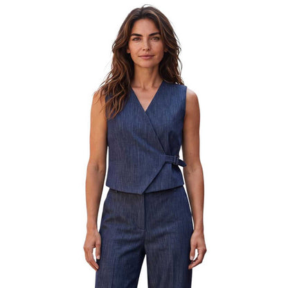 Goodmatch navy denim-style sleeveless vest with a V-neck, asymmetrical wrap front, and adjustable side buckle, available at Aqualta.